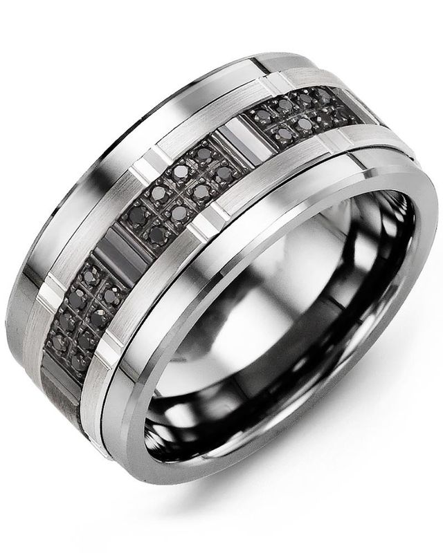 Madani Tungsten &amp; 10K White/Black Gold Wide Ring 11mm 0.24ct