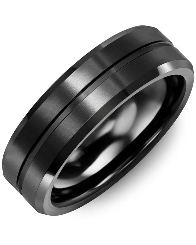 Madani Black Ceramic Bevelled Brushed Ring 7mm