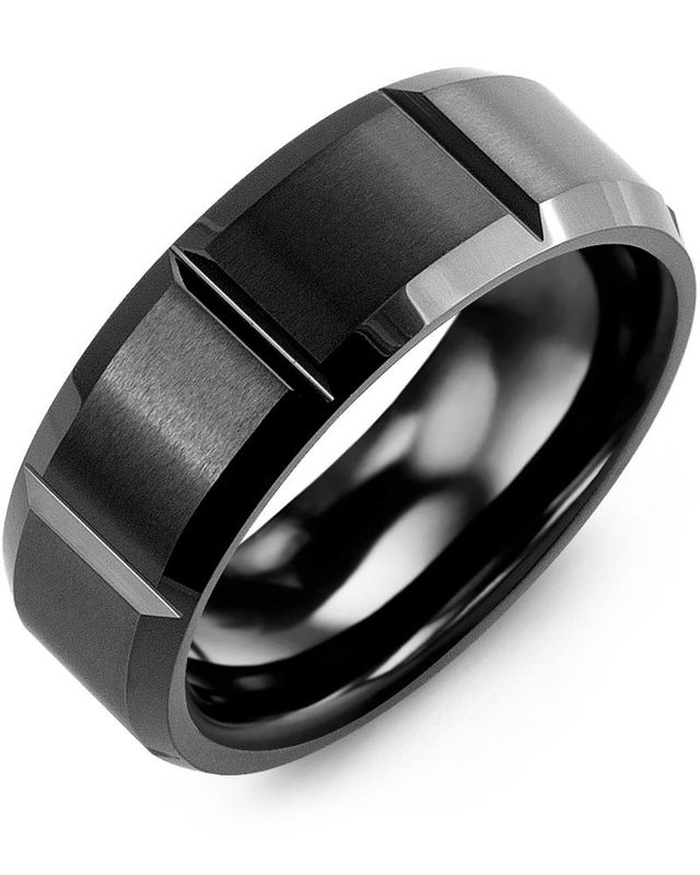 Madani Black Ceramic Bevelled Grooved Ring 8mm