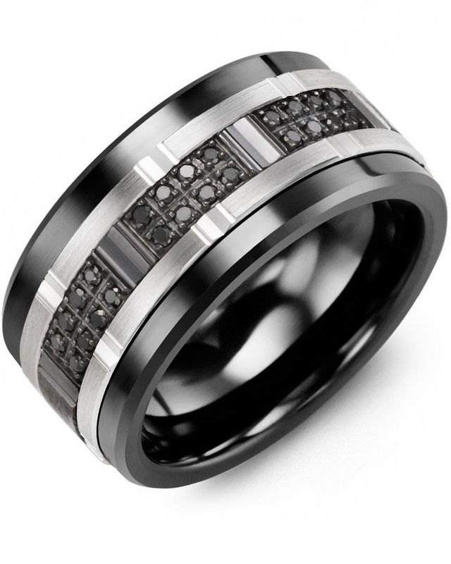 Madani Tungsten &amp; 10K White/Black Gold Wide Ring 11mm 0.24ct