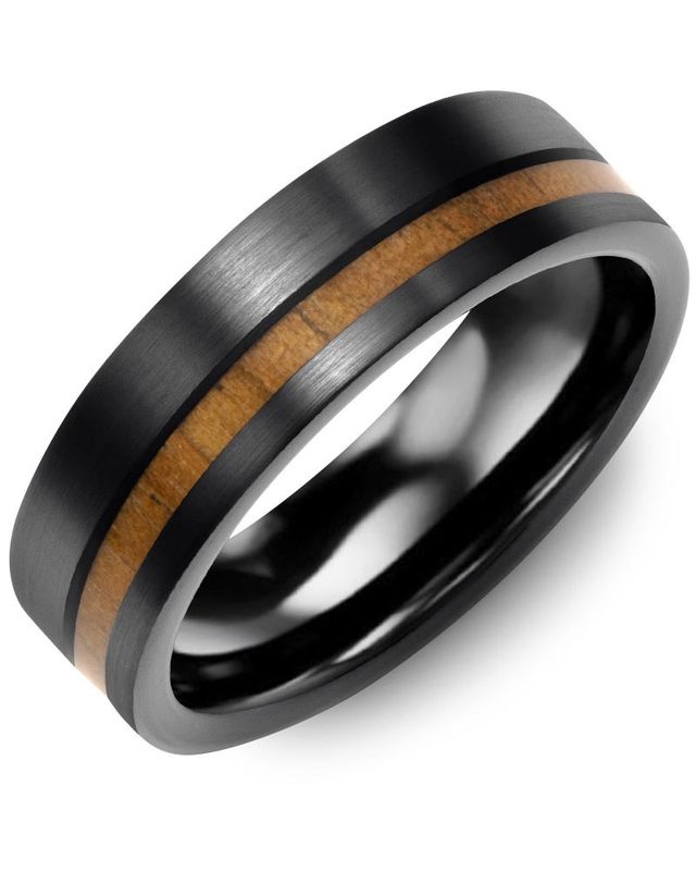 Madani Black Ceramic Brush Off Center &amp; Koa Wood Ring 7mm