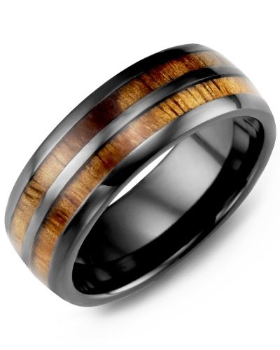 Madani Black Ceramic Dome &amp; Double Koa Wood Ring 8mm
