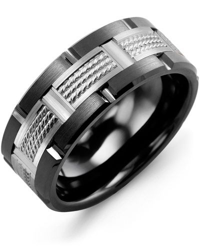 Madani Black Ceramic Three Rope Grooved &amp; 10K White Gold Ring 9 mm
