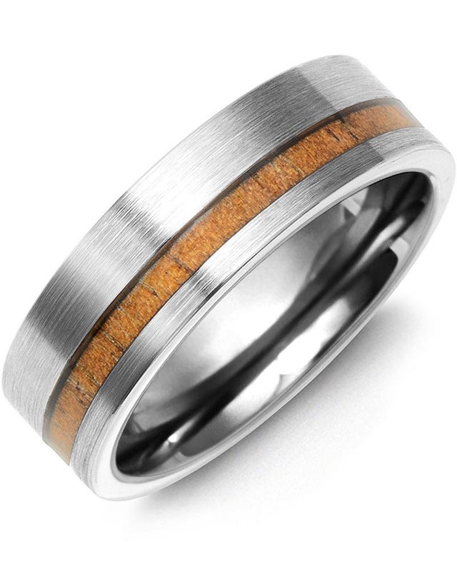Madani Tungsten Brush Off Center Koa  Wood Ring 7mm
