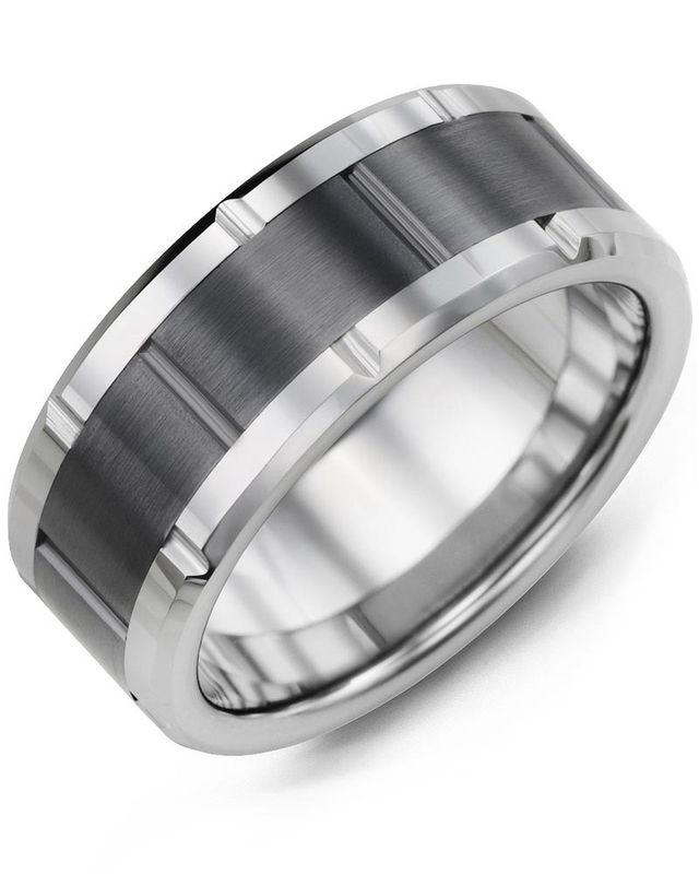 Madani Tungsten Grooved  &amp; Black Ceramic Ring 9mm