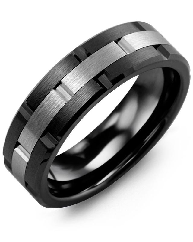 Madani Black Ceramic Grooved &amp; Tungsten Ring 7mm