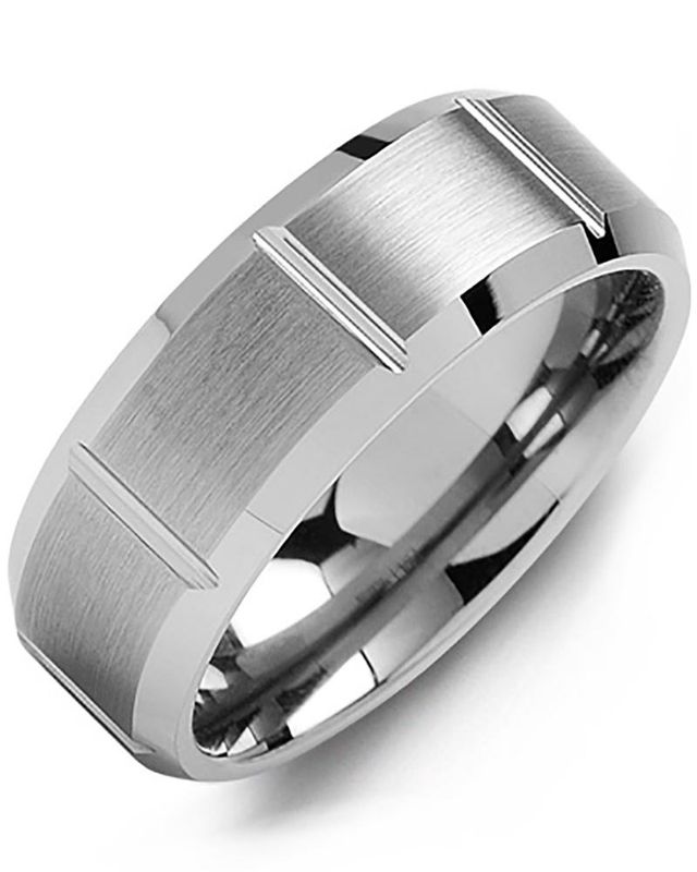 Madani Tungsten Bevelled Brushed &amp; Grooved Ring
