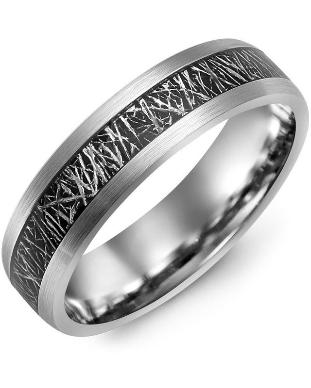 Madani Tungsten Dome Black Meteorite Brush Thin Ring 6mm