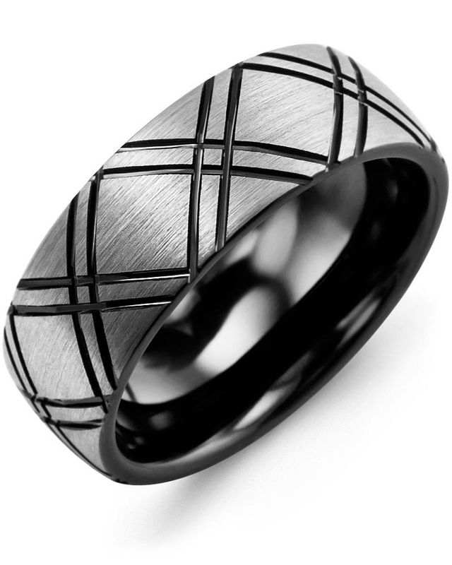 Madani Tungsten Dome Black Carved Line Ring 8mm