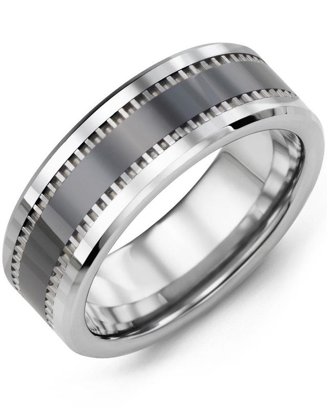 Madani Tungsten Geometric Design &amp; Black Ceramic Ring 8mm