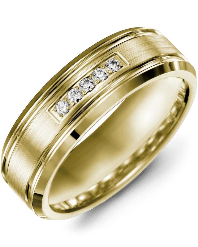 Madani Gold Brush Bevelled Carved Edges Diamond 0.10ct Ring 10K White 7mm