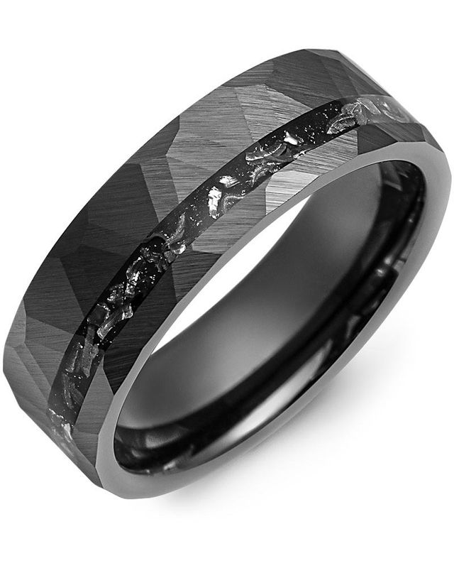 Madani Black Ceramic Hammer &amp; Meteorite Ring 7mm