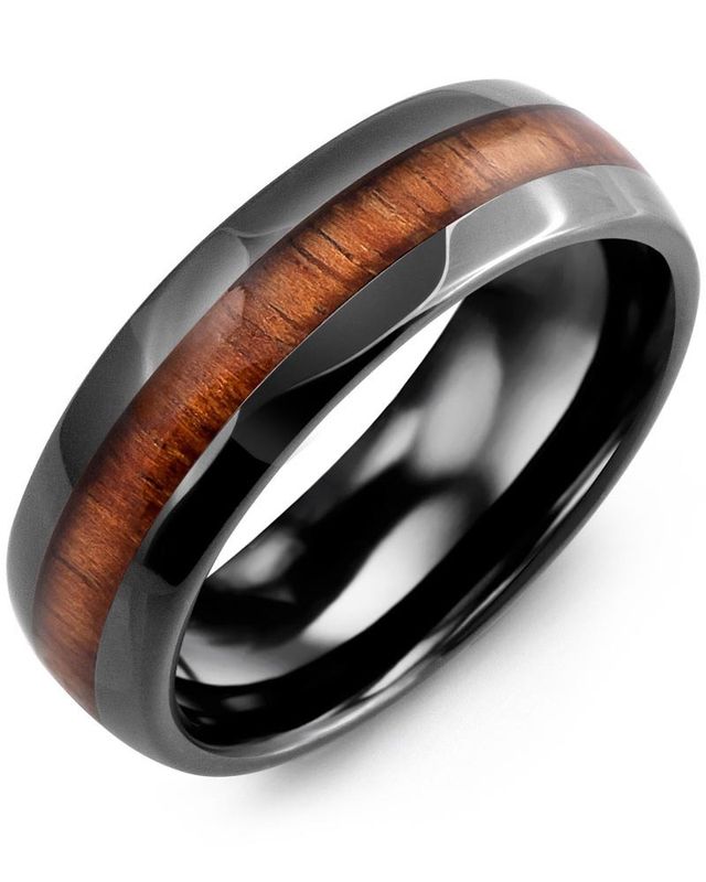 Madani Black Ceramic Polished Dome &amp; KOA Wood Ring 7mm