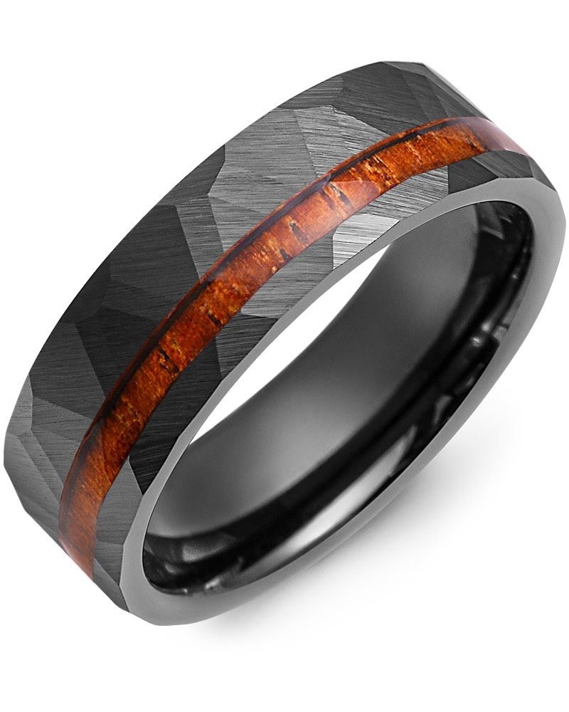 Madani Black Ceramic Hammer &amp; Koa Wood Ring 7mm