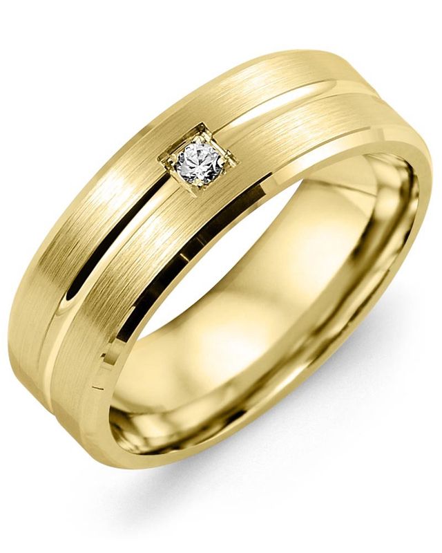 Madani Gold Bevelled Brush Carved Diamond 0.05ct Ring 10K Yellow 7mm