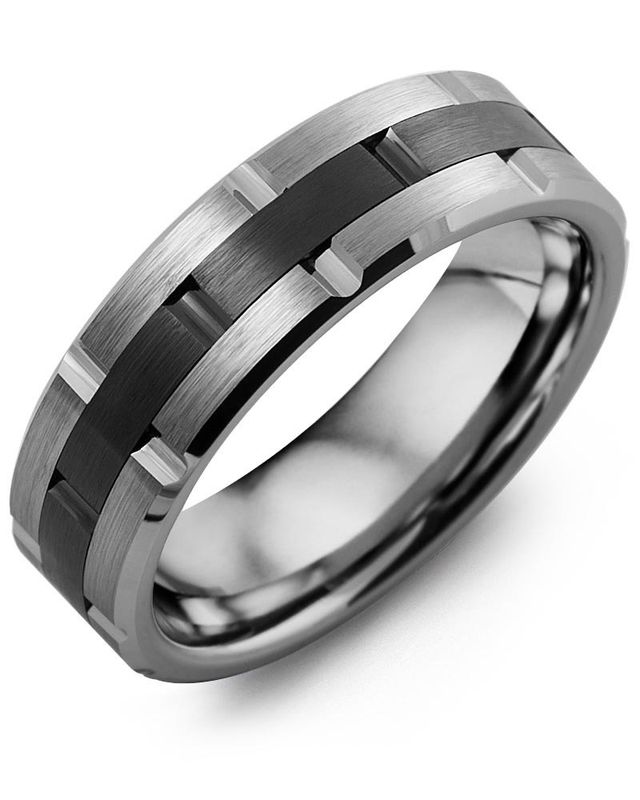 Madani Tungsten Grooved &amp; Black Ceramic Ring 7mm