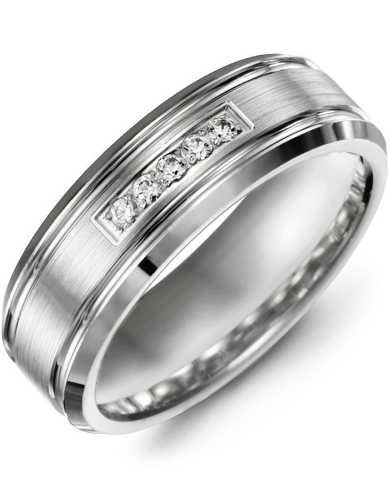 Madani Gold Brush Bevelled Carved Edges Diamond 0.10ct Ring 10K White 7mm
