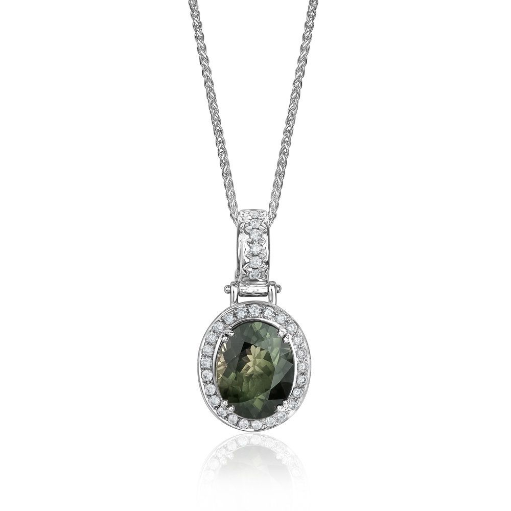 Flica Green Tourmaline &amp; Diamond 18KW .47TW Gemstone Necklace CP2775