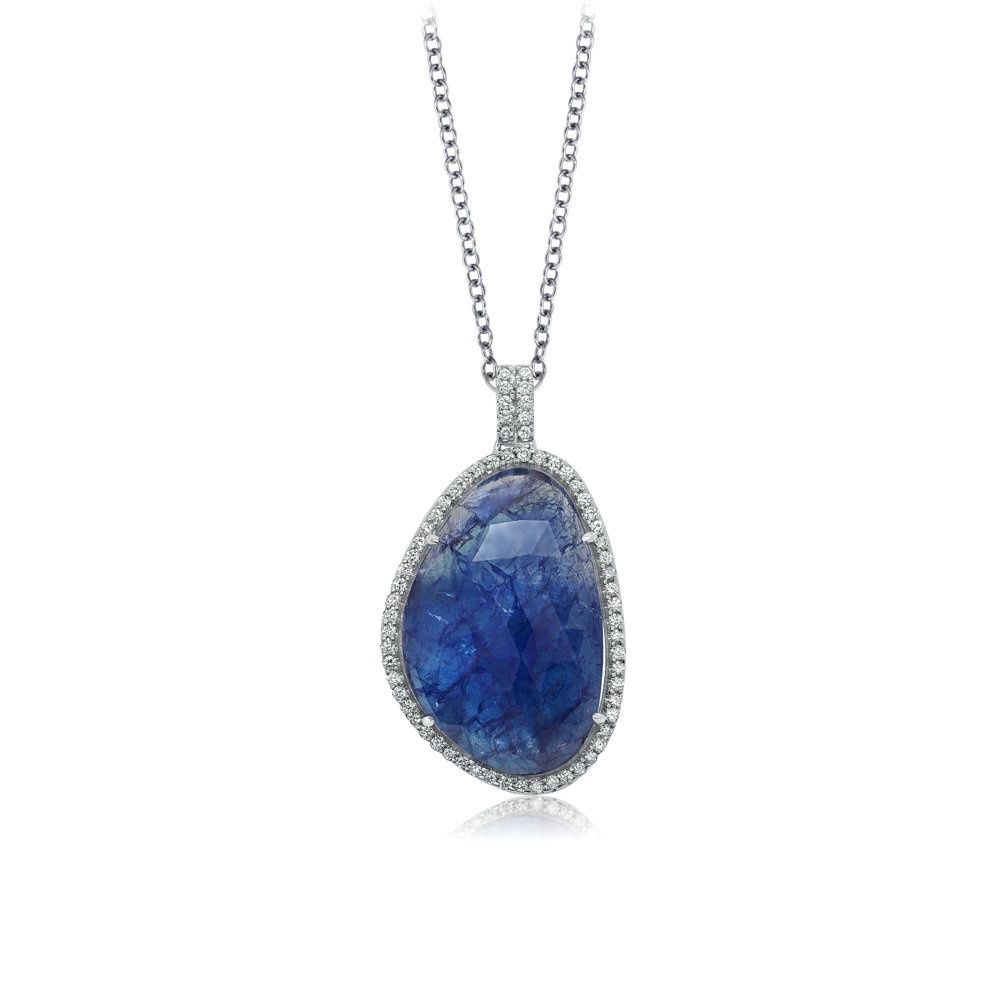 Flica Tanzanite &amp; Diamond 18KW .18TW Gemstone Necklace FPT1755