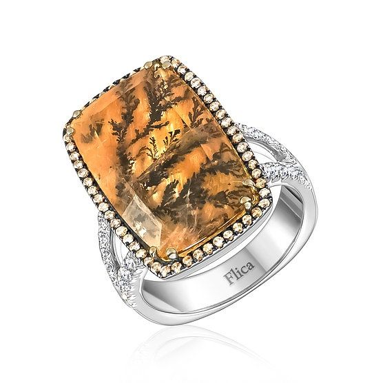 Flica Dendritic &amp; Diamond 18KYW .29TW Gemstone Ring ANP3612