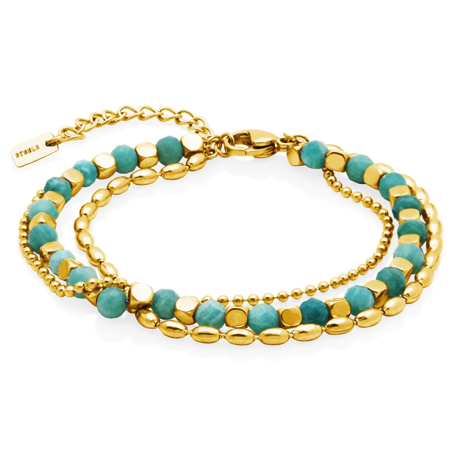 SteelX Bracelet Stainless Steel - Gold Plated Genuine Amazonite T1XE680265
