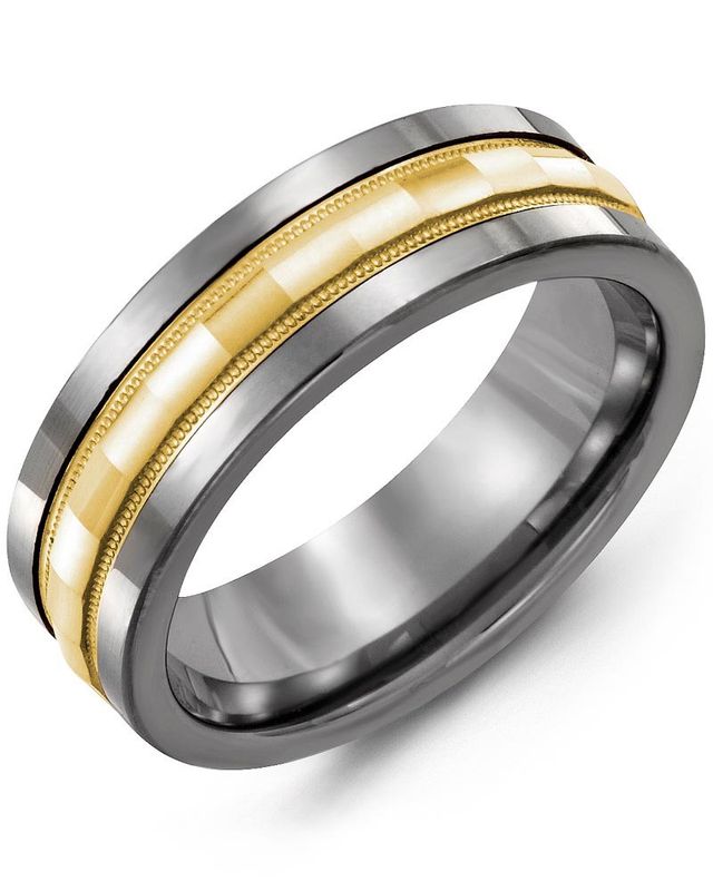 Madani Tungston &amp; 10K Yellow Gold Baguette Diamond Cut 7mm Band MAC710TY