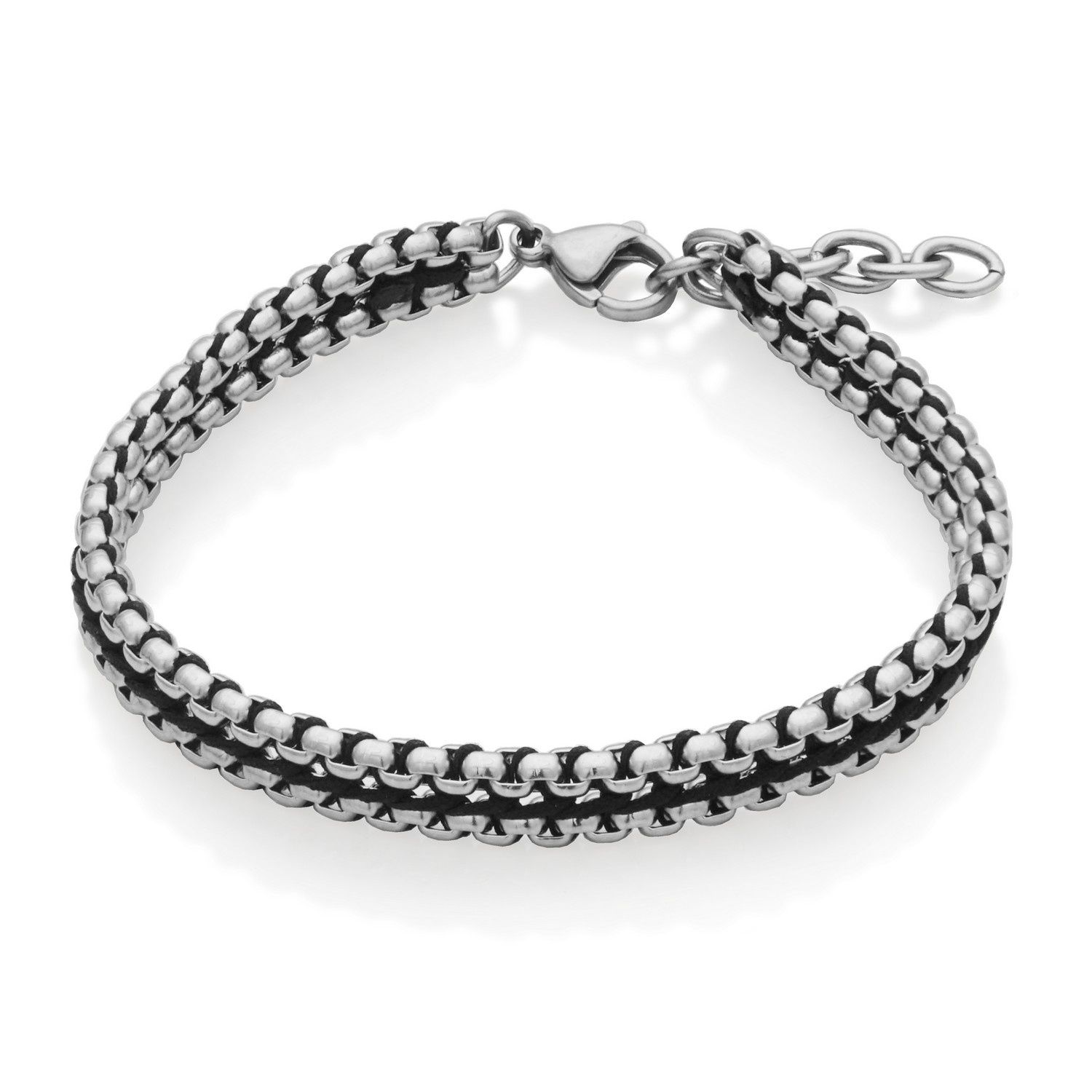 SteelX Stainless Wooven Black Leather &amp; Chain Bracelet T1XJ960175