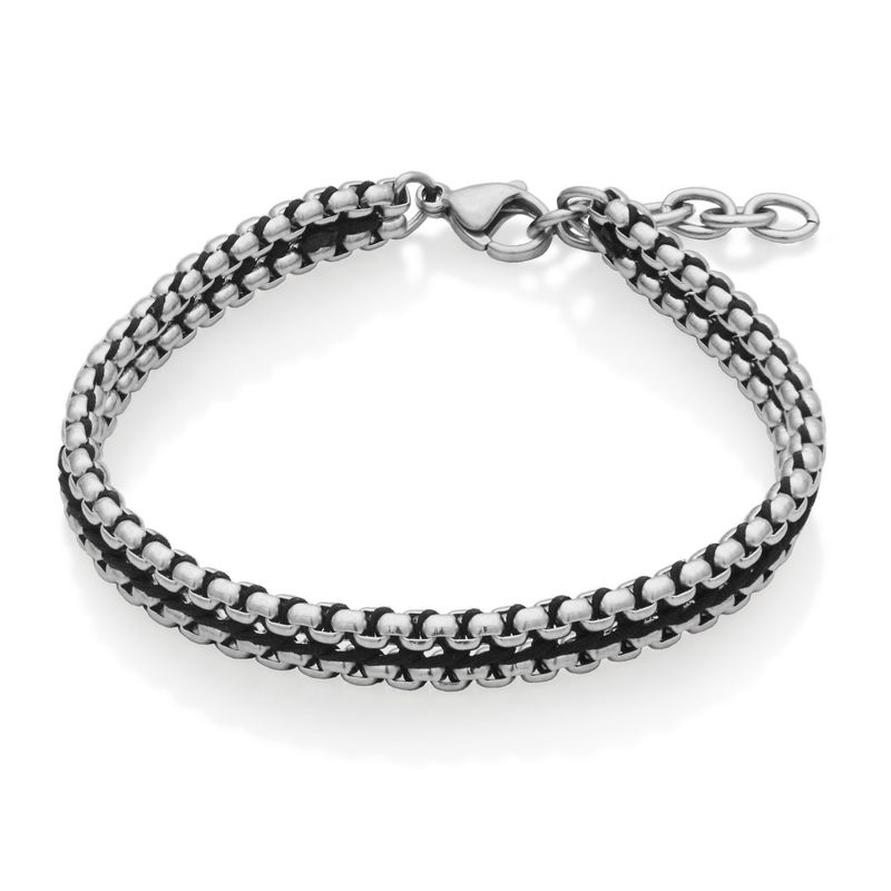 SteelX Stainless Wooven Black Leather &amp; Chain Bracelet T1XJ960175