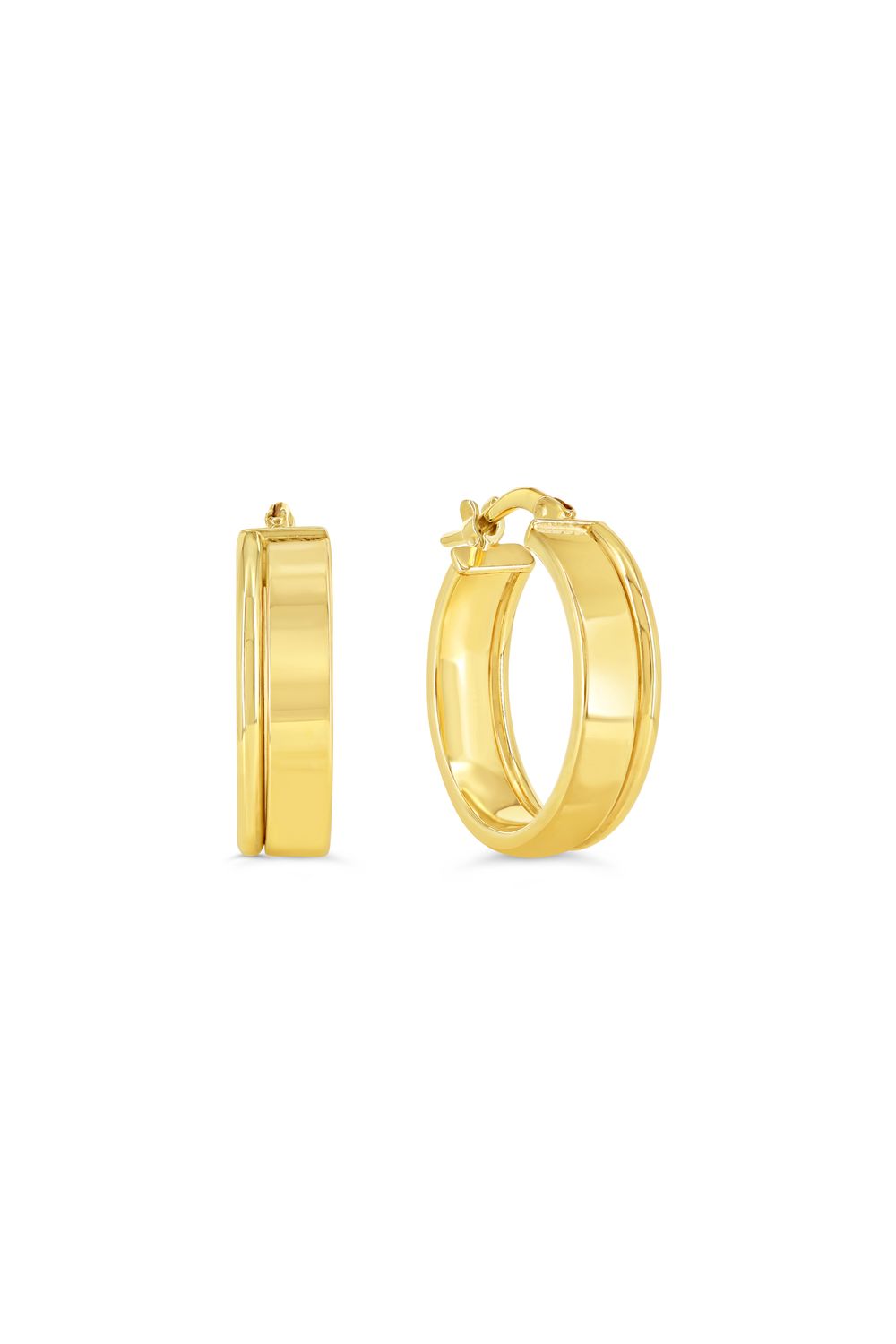 Sempre Oro 14KY &amp; Silver Flat Line Edge Hoop Earrings 1023