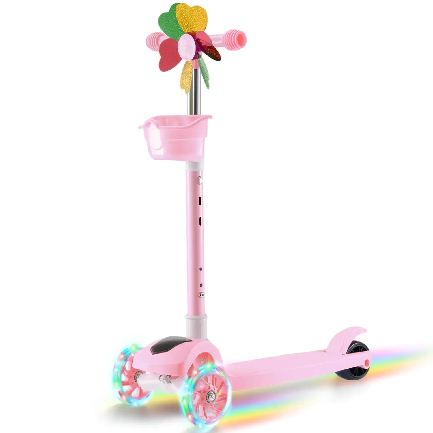 ZippFree™ Kids Kick Scooter — LED Wheels, Foldable, Basket, Ages 3–10 (Pink)