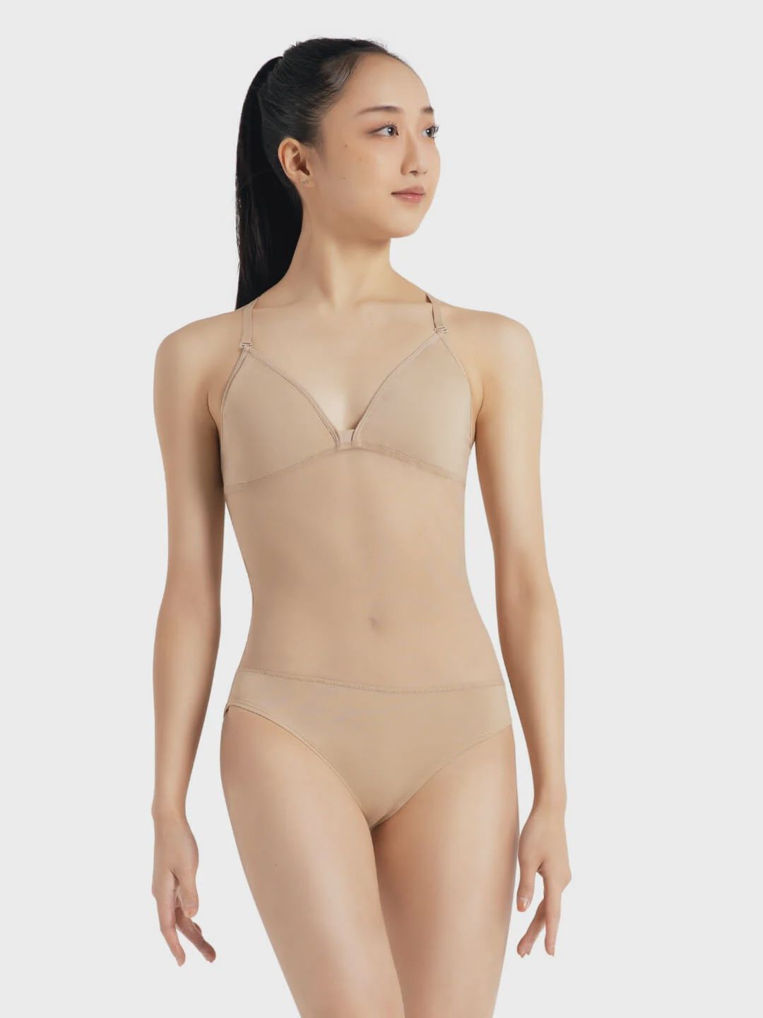 PLUNGE NECK MESH MIDRIFF LEO (C-3763W), Color: NUDE, Size: XS