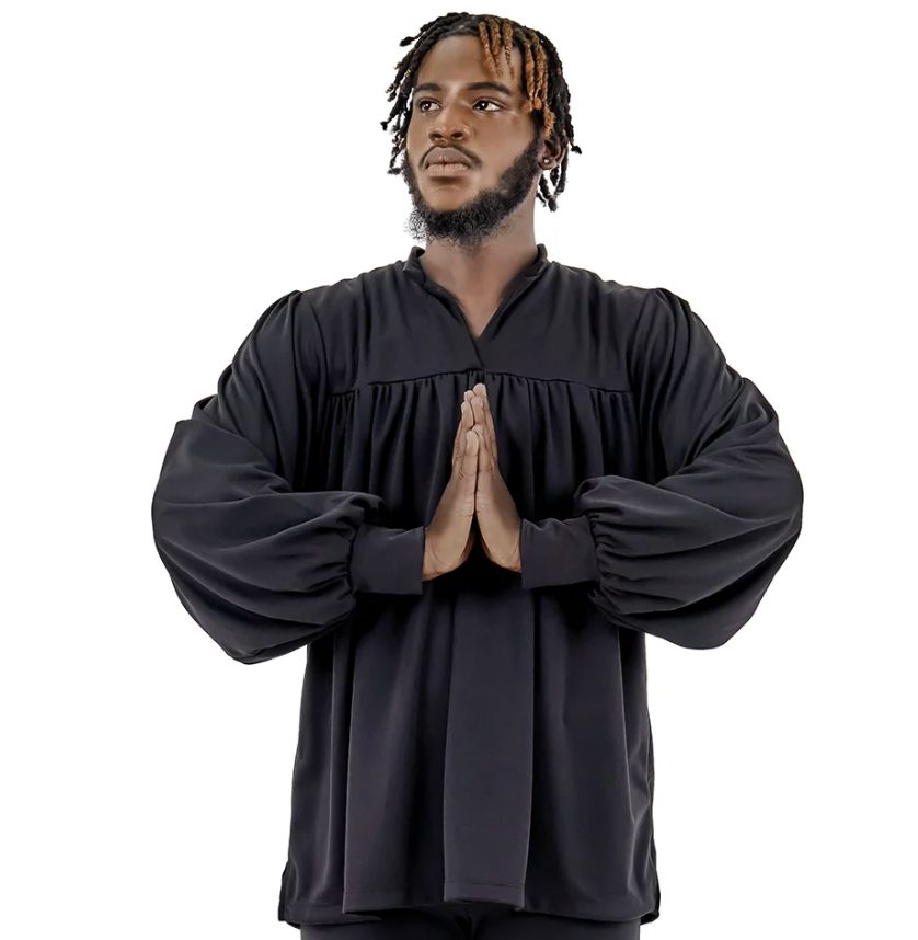 LITURGICAL UNISEX OPEN COLLAR PEASANT TOP (E-13831), Color: BLACK, Size: S/M