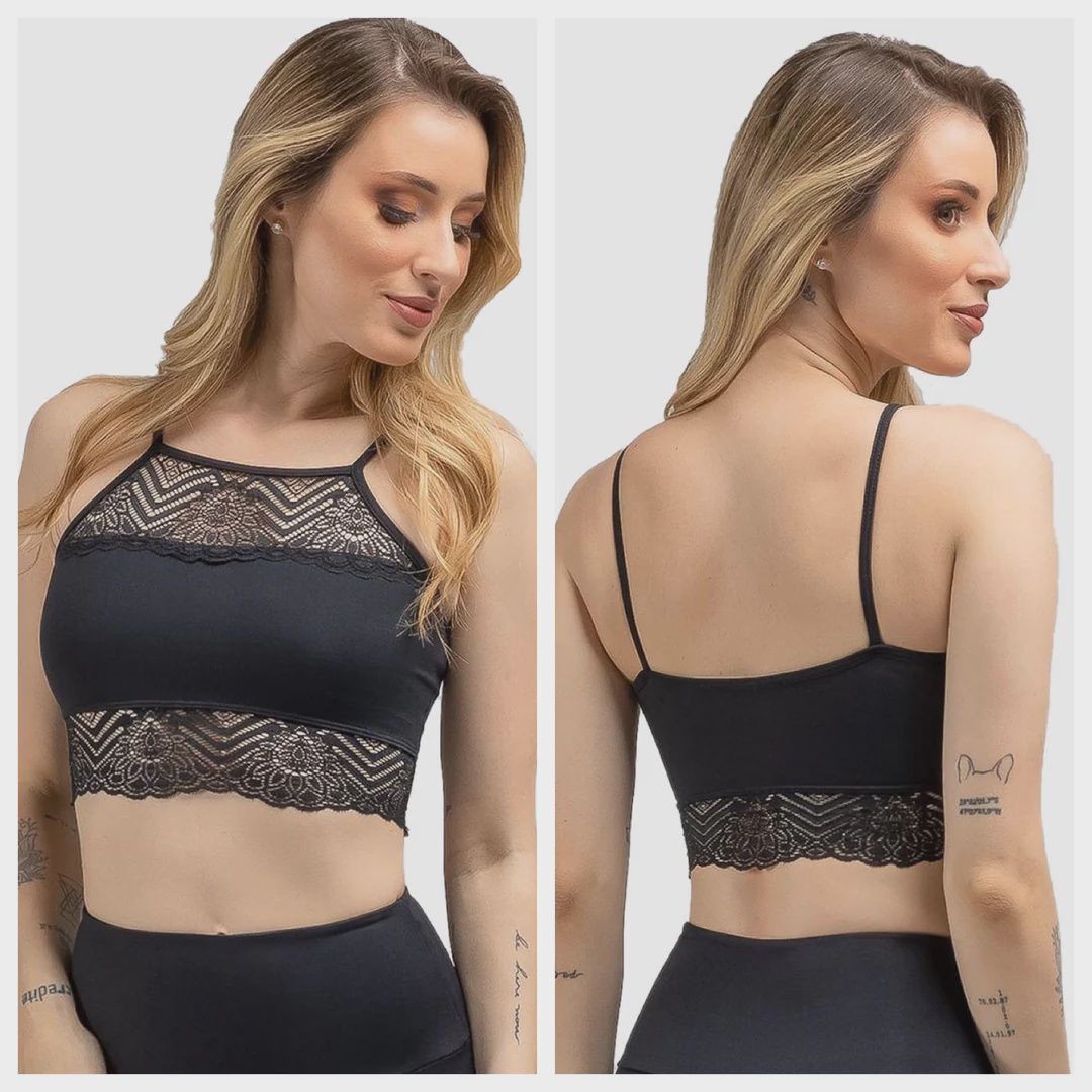 BRA TOP W WITH LACE TRIM, Color: BLACK, Size: M