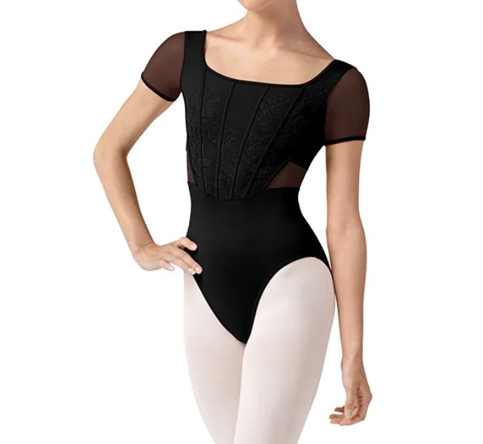 &quot;OLIVIA&quot; EMBROIDERED CAP SLEEVE LEOTARD (B-L20001), Color: BLACK, Size: P