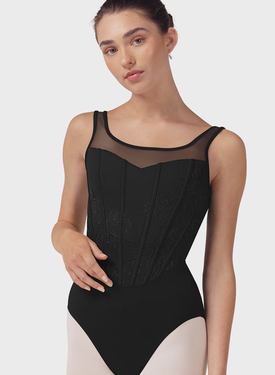 &quot;ISABELLA&quot; EMBROIDERED TANK LEOTARD (B-L50002), Color: BLACK, Size: P