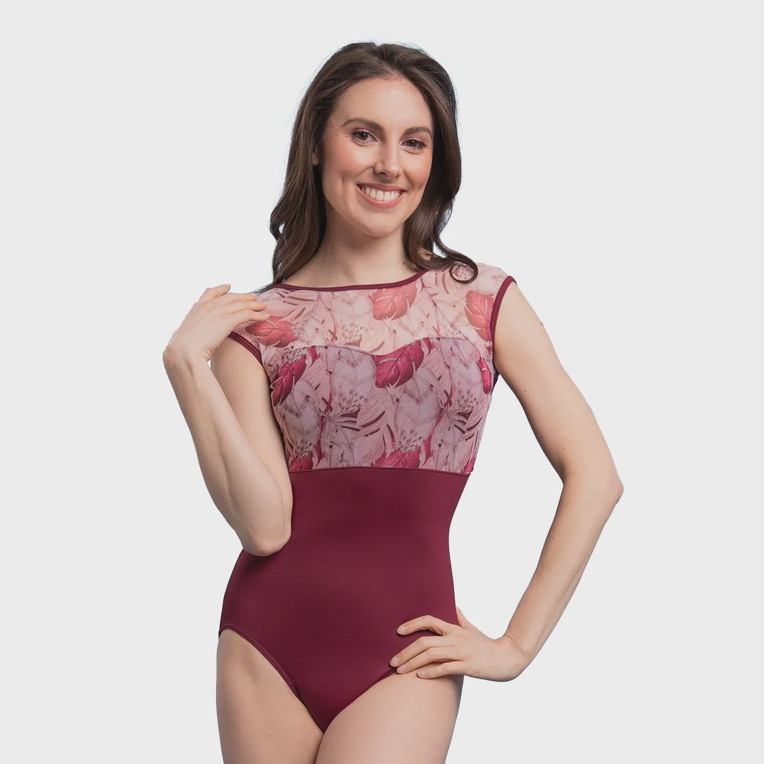 LEO CAP SLEEVE FEATHER PRINT MESH (SD-TP69), Color: BORDEAUX, Size: 12_14