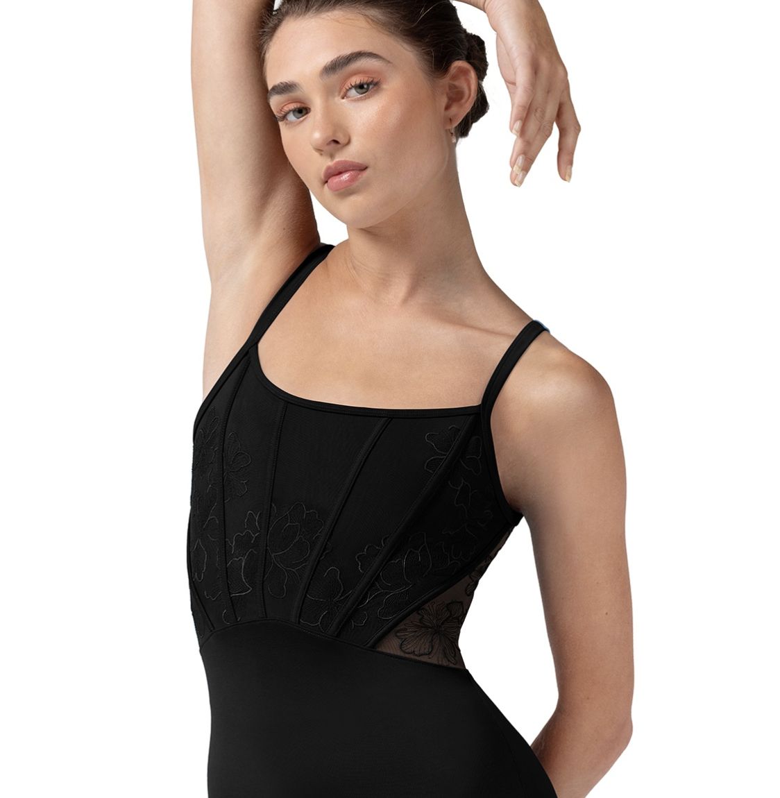&quot;MIA&quot; EMBROIDERED MESH BACK CAMI LEOTARD (B-L70001), Color: BLACK, Size: P