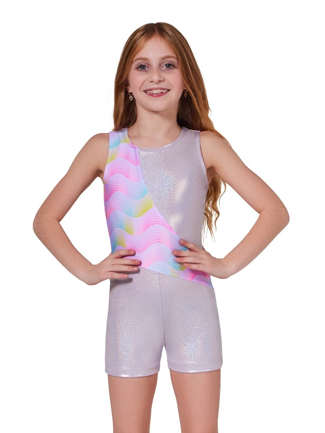 WAVE GYMNASTICS BIKETARD (C-F12444C), Color: SUNSET WAVE ORCHID, Size: T