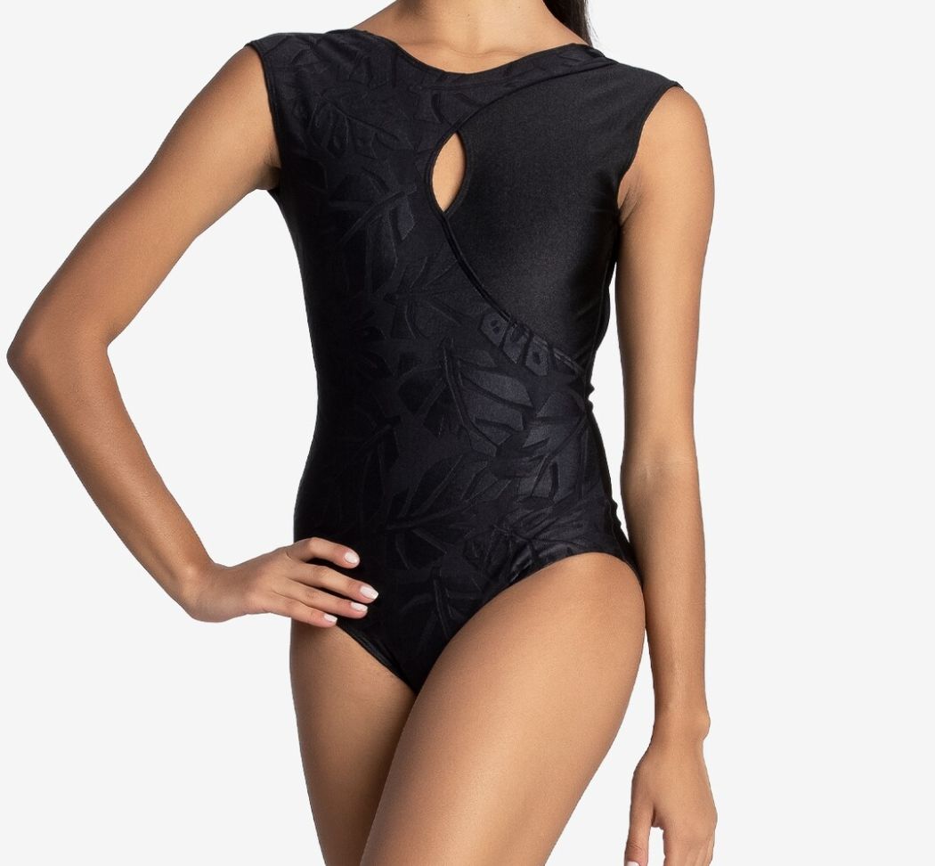 CAP SLEEVE LEAF PRINT LEOTARD (SD-SDE1843), Color: BLACK, Size: P