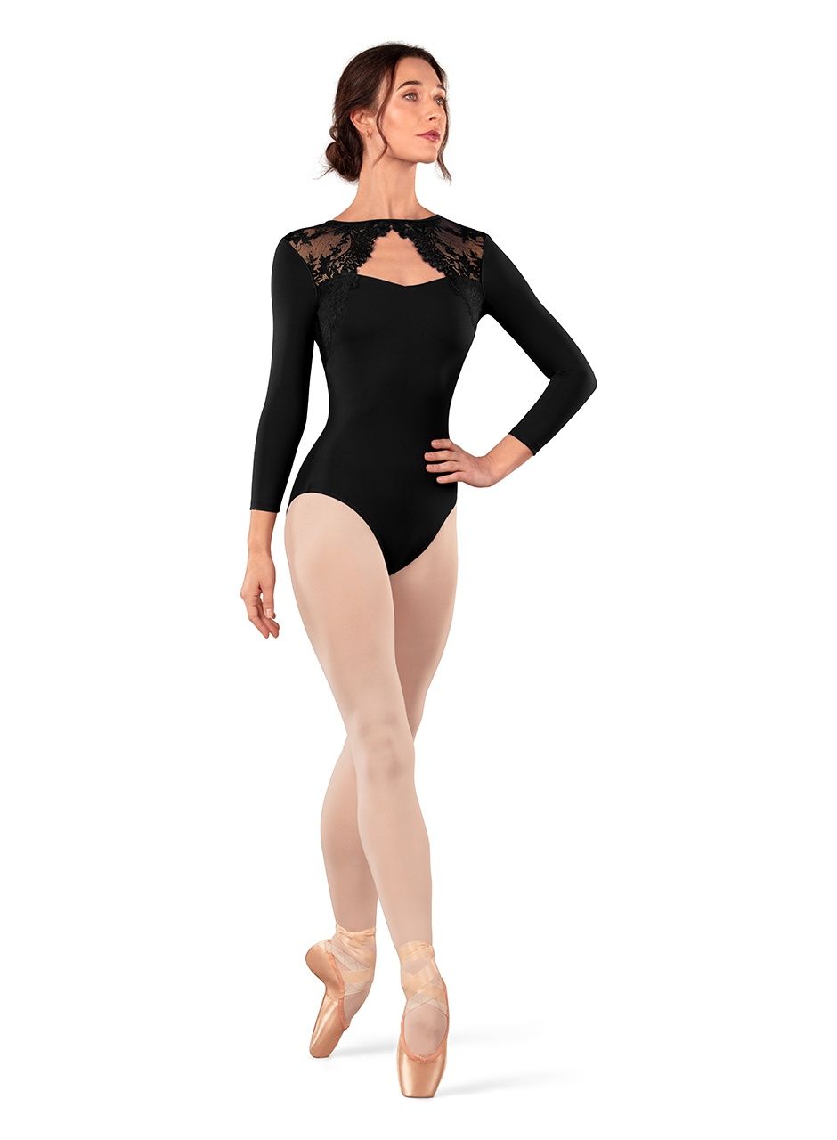 3/4 SLEEVE LACE TRIM LEOTARD "EMERY" (B-L60006), Color: BLACK, Size: P