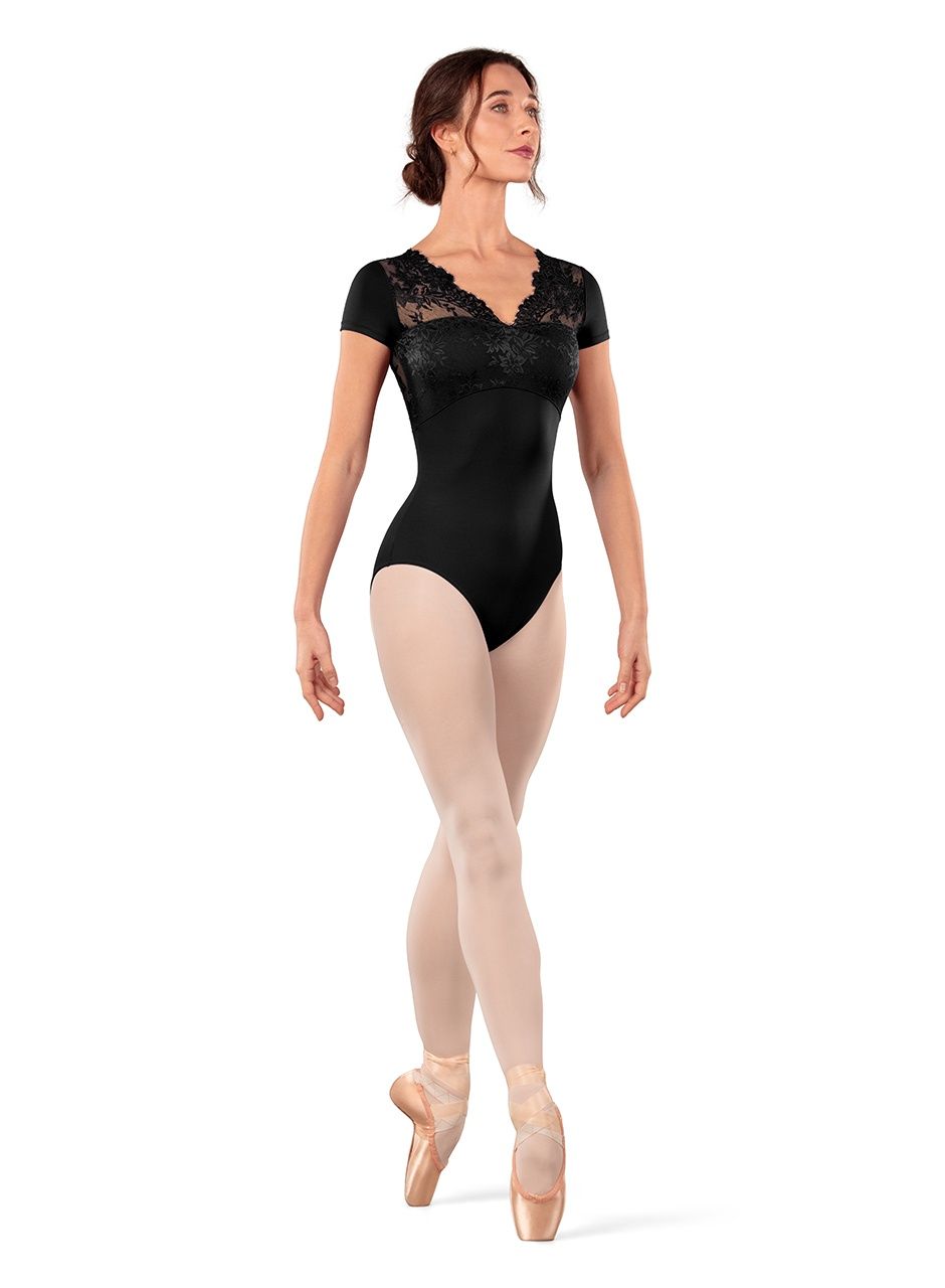 CAP SLEEVE LEOTARD WITH LACE TRIM "ADDISON" (B-L20015), Color: BLACK, Size: P