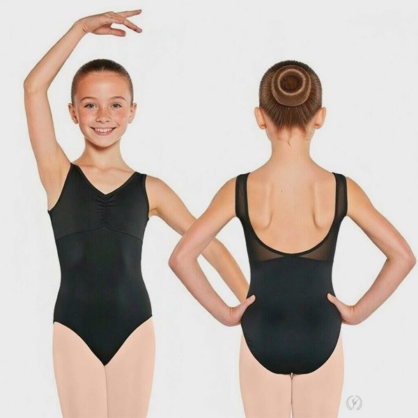 TANK LEOTARD WITH MESH V FRONT CHILD (E-41419C), Color: BLACK, Size: MEDIUM