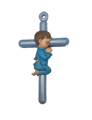 Kruis 15 cm blauw met jongen - plastic