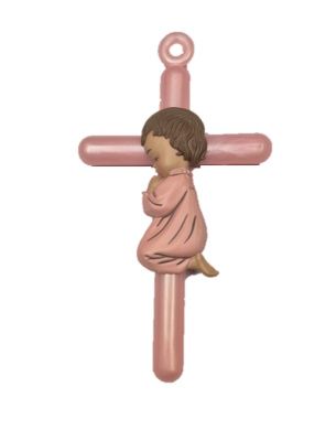Kruis 15 cm roze met meisje- plastic
