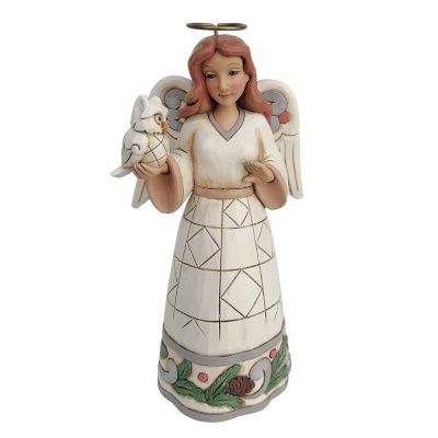 White Woodland Angel with Owl Hanging Ornament