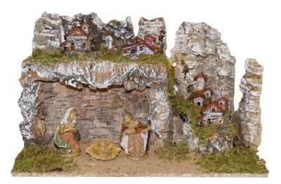 Kerststal met lichtjes en 3 figuren
