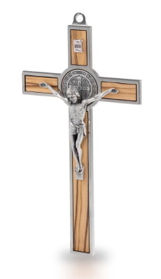 Kruis Benedictus 13 cm  metaal - olijfhout