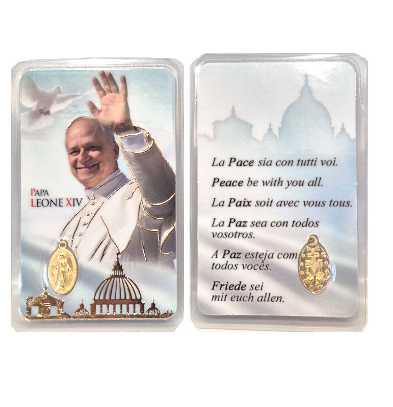 Paus Leo XIV Plastic Kaartje met Medaille en Gebed