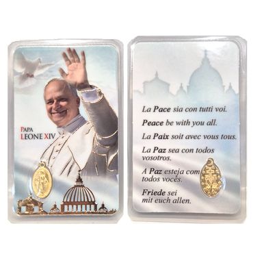 Paus Leo XIV Plastic Kaartje met Medaille en Gebed