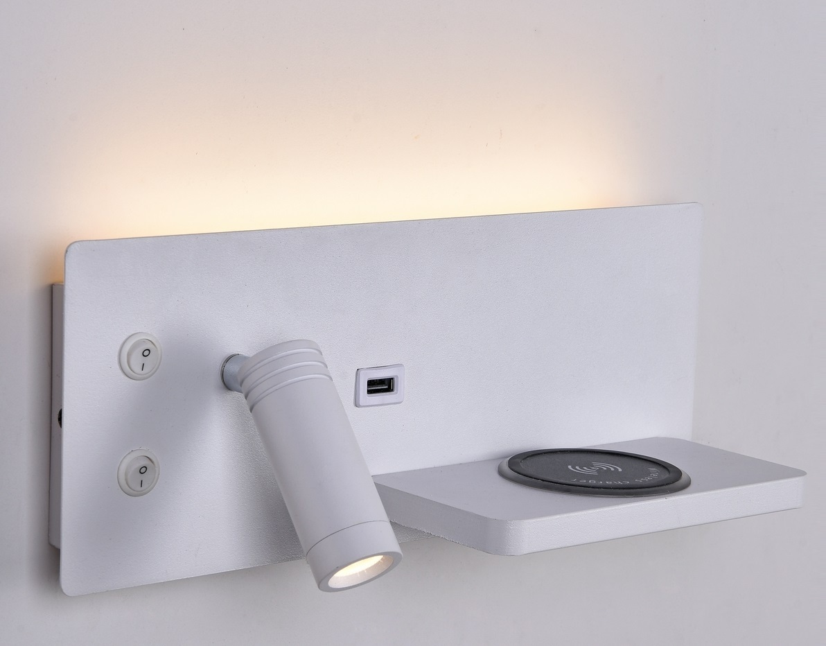Бра с беспроводной зарядкой для телефона и USB 8016-8W White